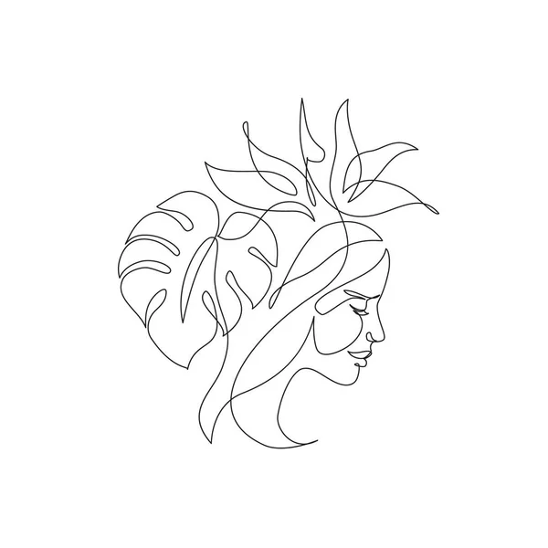 Elegant One Line Drawing Abstract Woman Face Tropical Flower Leaf — 图库矢量图片