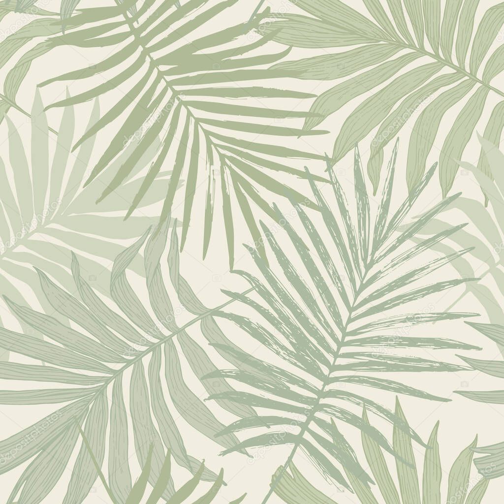 Abstract tropical foliage background in pastel olive green colors. Palm leaves in line art, grunge silhouette seamless pattern. Vector tropics illustration for swimwear design, wallpaper, textile