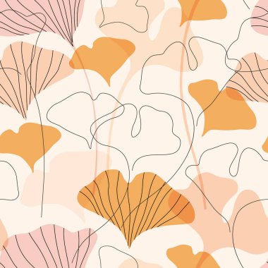 Sonbahar gingko siluetleri ve aralıksız çizgili duvar kağıtları bırakır. Zarif çizgili yapraklı botanik arka plan tasarımı, çiçek desenli. Duvar dekorasyonu için vektörsüz kalıp, yazdırma