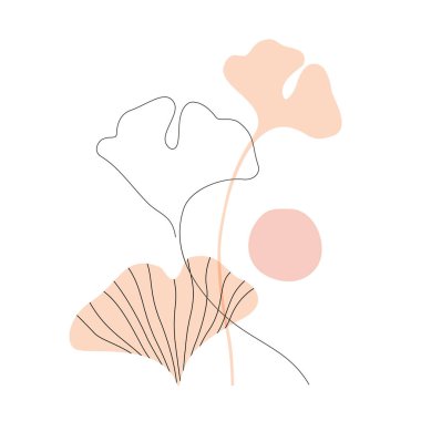 Güz gingko siluetleri ve aralıksız sanat arkaplanı bırakır. Zarif çizgili yaprakları olan botanik tasarımı. Çiçek hatları çok az. Duvar dekorasyonu için vektör sanatı, yazdırma