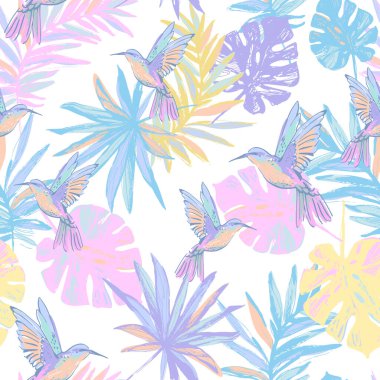 Uçan egzotik kuşlar, palmiye, canavar yaprakları pürüzsüz desen. Renkli uğultulu kuş, orman mürekkebi eskiz geçmişi. Duvar kağıdı, tekstil ve kumaş tasarımı için tropikal yaban hayatı vektör çizimi