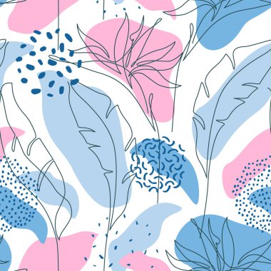 Geometrik organik şekiller, bir çizgi sürekli tropikal yaprak, minimum biçimde çiçek. Botanik, yazlık baskılar, kapak, duvar kâğıdı, hikâye arkaplanı için soyut, pürüzsüz desen bırakır. Vektör sanatı