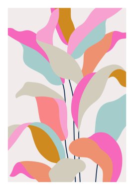 Zarif botanik yapraklar soyut duvar posteri. Tropik yapraklar modern çalı sanatı. Duvar çerçeveli baskılar için organik şekiller, kapak, poster, ev deco, sosyal medya paylaşımı, hikaye arka planı. Vektör sanatı