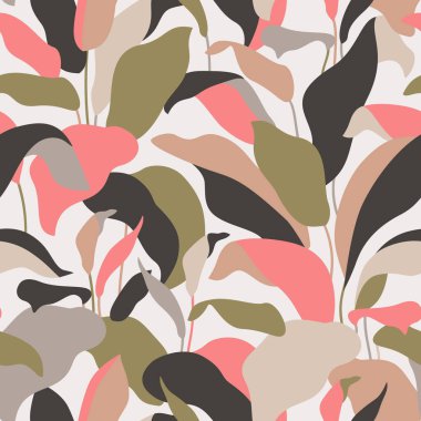 Zarif botanik yapraklar soyut, dikişsiz desenler. Tropik çalı modern sanat. Yazlık baskılar için organik şekiller, kapak, ev deco duvar kağıdı, sosyal medya paylaşımı, hikaye geçmişi. Vektör sanatı