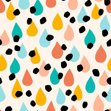 Rain drops, dots irregular seamless pattern. Cute raindrops, polka dot background in retro style, flat design. Hand drawn droplets vector illustration for childish fabric, kids textile, wallpaper.