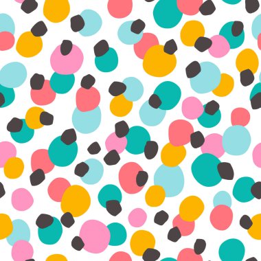 Düzensiz puantiyeli noktalar, geriye dönük olarak kusursuz desen oluşturuyor. El çizimleri, lekeler, lekeler, lekeler, çember, fırça darbeleri doku arka planı. Çocuklar için el çizimi vektör çizimi kumaş, tekstil, duvar kağıdı