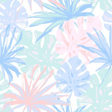 Hand drawn tropical leaves background in trendy pastel colors. Colorful palm leaf seamless pattern. Summer vector illustration for pop art paper, 90s, 80s style fabric design, swimwear, wallpaper