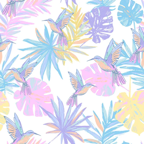 Flying exotic birds, palm, monstera leaves seamless pattern. Colorful humming bird, jungle ink sketch background. Summer tropical wildlife vector illustration for wallpaper, textile, fabric design