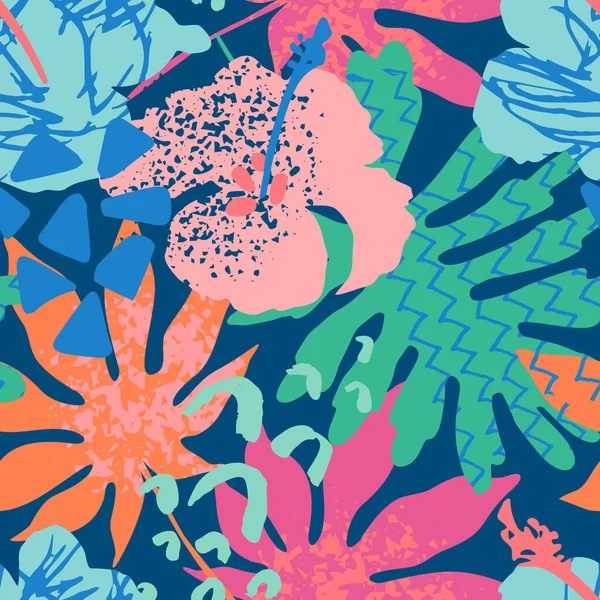 Les Feuilles Botaniques Abstraites Hibiscus Fleur Motif Sans Couture Doodle — Image vectorielle