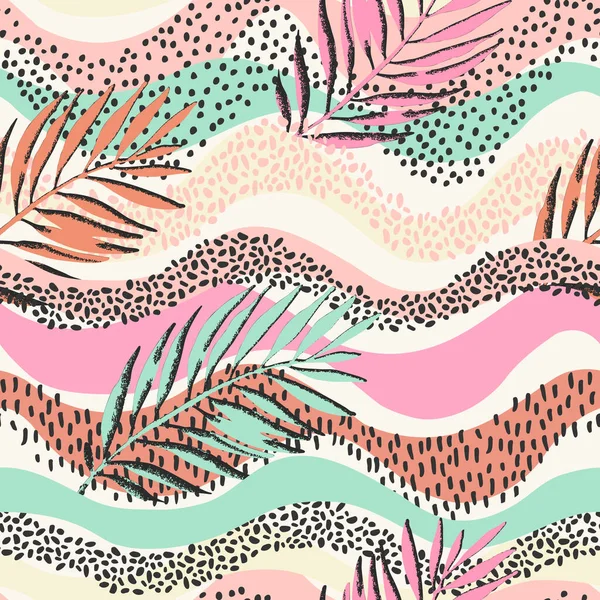 Feuilles Palmier Texturées Grunge Colorées Sur Motif Ondulé Sans Couture — Image vectorielle