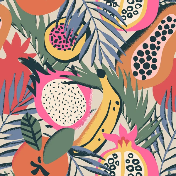 Resumen Fruta Del Dragón Papaya Naranja Plátano Granada Dibujo Patrón — Archivo Imágenes Vectoriales