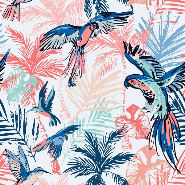 Uçan Egzotik Kuşlar Palmiye Ağaçları Pürüzsüz Palmiye Yaprakları Renkli Papağanlar — Stok Vektör