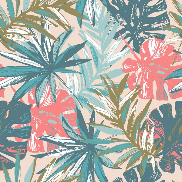 Handgetekende Tropische Bladeren Achtergrond Kleurrijke Tropen Jungle Laat Naadloos Patroon — Stockvector