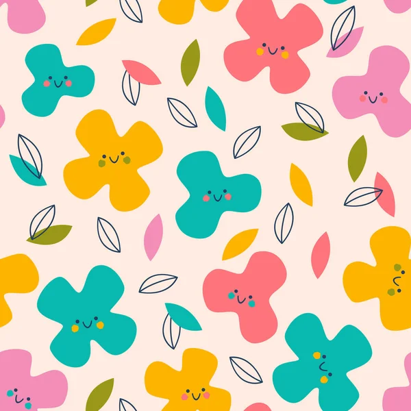 Cute Smiley Flowers Abstract Seamless Pattern Childish Floral Background Funny — Image vectorielle