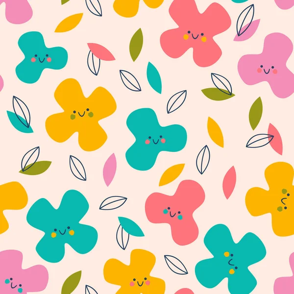 Cute Smiley Flowers Abstract Seamless Pattern Childish Floral Background Funny — Vector de stock