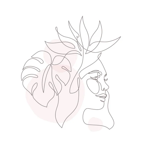 Dessin Ligne Visage Femme Abstraite Avec Fleur Tropicale Feuille Cercle — Image vectorielle