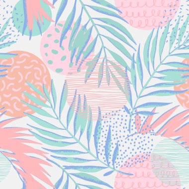 Renkli grunge desenli palmiye yaprakları, desenli dairesel dikişsiz desen. Geometrik arka planda soyut tropikal yaprak. Baskı tasarımı, kapağı, ev deco duvar kağıdı için vektör yaz tropikleri illüstrasyonu