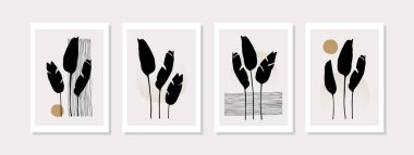 Soyut geometrik şekiller, muz yaprakları poster seti. Modern basılabilir botanik illüstrasyon koleksiyonu: tropikal palmiye yaprağı, minimal baskı için geometri elemanları, boho duvar dekoru tasarımı. Vektör sanatı