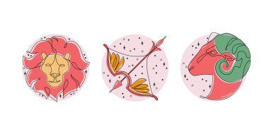Astrolojik ateş elementi, vektör illüstrasyonunu işaret eder. Yıldız falı sembolleri, simgeler seti: aries leo sagittarius. Mistik logo için astroloji çizgi film sembolü çizimi, boho minimal stili takvim baskısı
