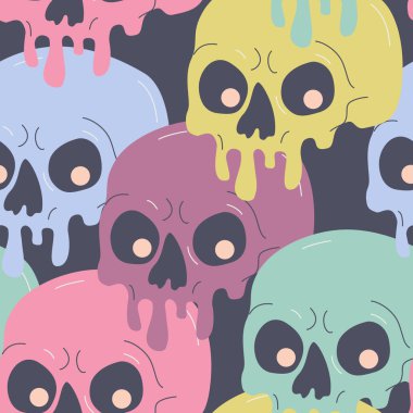 Psikedelik damlatan boya kafatasının kusursuz şekli. Karanlık arka planda karikatür tarzında asidik bir ölü karakter. Cadılar Bayramı geçmişi. Tekstil kumaş tasarımı için ürkütücü vektör çizimi