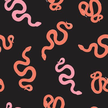 Çizgi filmlerdeki renkli yılanlar kusursuz desenli. Hayvan parmak izi geçmişi. Vektör çizimi. Modern moda tarzında tekstil kumaş tasarımı için mistik boho konsepti
