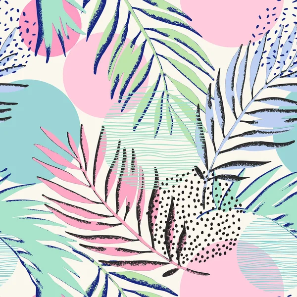 Renkli Grunge Desenli Palmiye Yaprakları Desenli Dairesel Dikişsiz Desen Geometrik — Stok Vektör