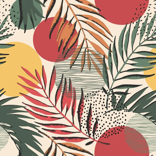 Цветной Гранж Текстурированные Пальмовые Листья Текстурированные Круги Бесшовный Узор Абстрактный — стоковый вектор