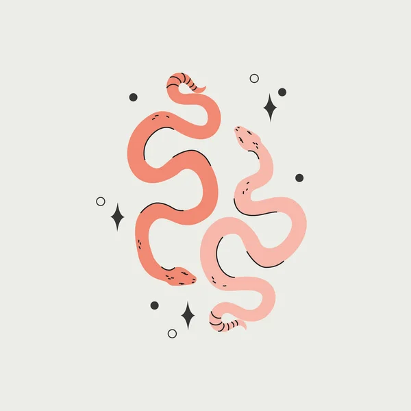 Dos Serpientes Abstractas Sonajero Boho Ilustración Concepto Místico Con Serpientes — Vector de stock
