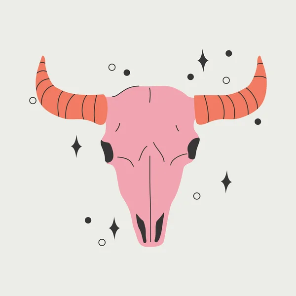 抽象的な牛の頭蓋骨のBohoイラスト 漫画風の牛の文字 ステッカー印刷デザイン アイコン Tシャツ パーカーのファッションデザインのためのブル頭蓋骨と星との神秘的な概念 ベクトルアート — ストックベクタ