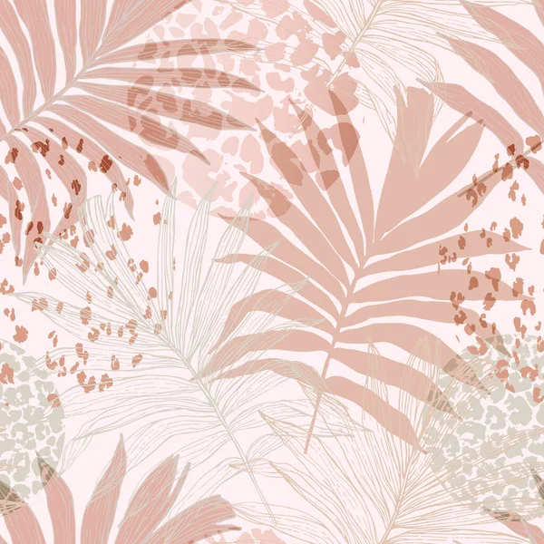 摘要棕榈质叶花纹无缝图案 热带渐变条纹叶背 用于平面设计 家用装饰墙纸的矢量粉红玫瑰彩绘插图 — 图库矢量图片