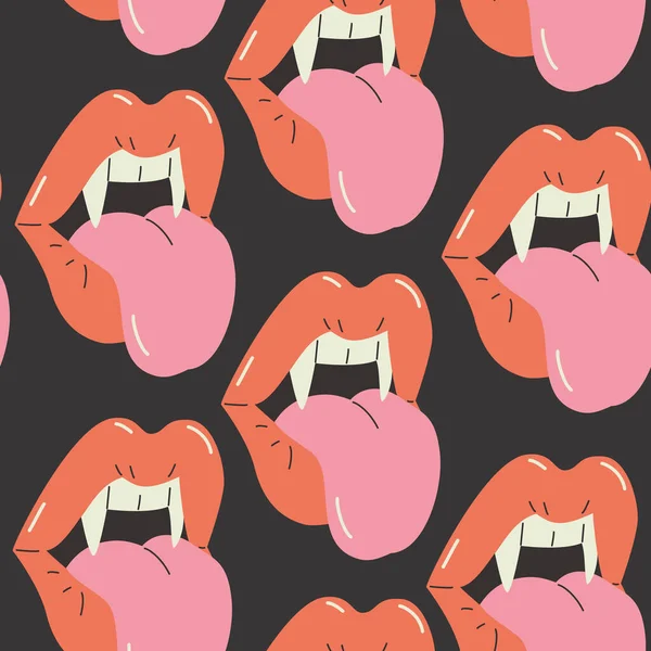 女性の吸血鬼の唇シームレスなパターン 面白い漫画の女性の舌で口を開けて ドラキュラ歯の背景 印刷デザイン 紙のためのベクトルイラスト ファッションスタイルのハロウィンコンセプト — ストックベクタ