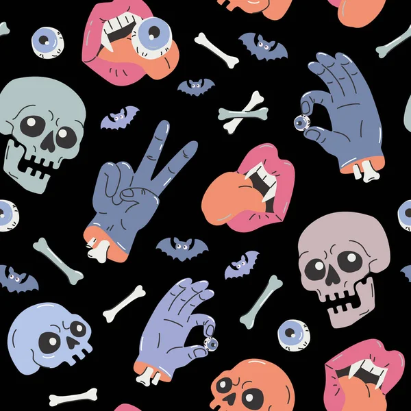Cartoon Funny Skulls Bones Crossbone Monster Zombie Hands Vampire Lips — Stock Vector