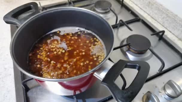 Linzen koken in een rode kookpot. Koken in de keuken. — Stockvideo