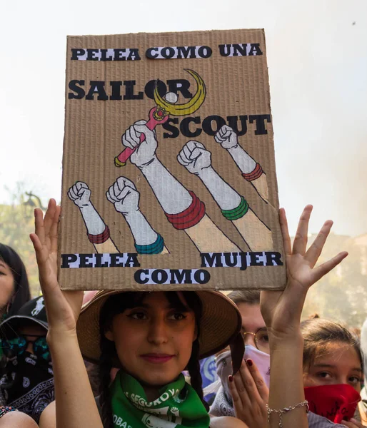 Mujer Sosteniendo Una Pancarta Día Internacional Mujer Strike Santiago Chile — Foto de Stock