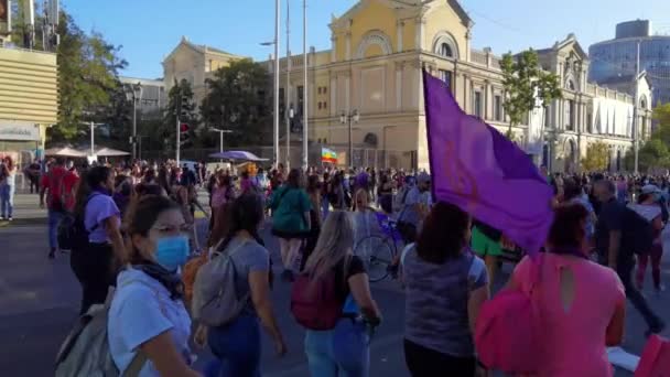 Lila Feminismusfahne beim Internationalen Frauentag 8M-Marsch, Zeitlupe - Santiago, Chile - 08. März 2022 — Stockvideo