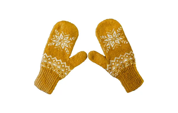 Pair Yellow Orange Knitted Mittens Christmas Pattern Isolated White Background — Stock Photo, Image