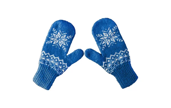 Pair Blue Knitted Mittens Christmas Pattern Isolated White Background Collage — Stock Photo, Image