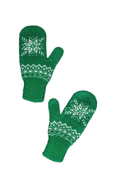 Pair Green Knitted Mittens Christmas Pattern Isolated White Background Collage — Stock Photo, Image