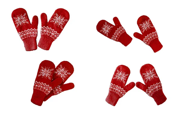 赤いニットのミトンと白い背景に孤立したクリスマスパターン異なるミトンのコラージュ — ストック写真