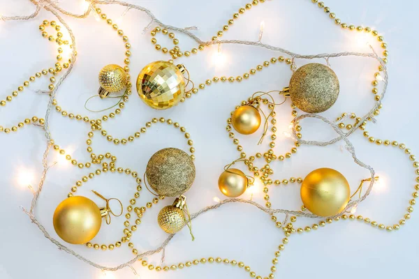 Christmas Holidays Composition Top View Gold Christmas Decorations Garland Lights — Stock Photo, Image