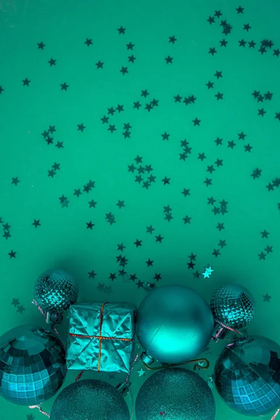 Christmas Holidays Composition Top View Colored Green Aquamarine Christmas Decorations — Stock Photo, Image