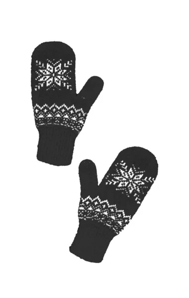 Пара Черных Трикотажных Варежки Рождественским Рисунком Изолированы Белом Фоне Коллаж — стоковое фото