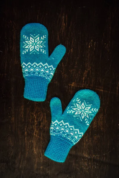 Pair Blue Knitted Mittens Dark Blue Green Brown Wooden Vintage — Stock Photo, Image