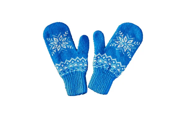 一对蓝色针织手套 圣诞图案与白色背景隔离 不同手套的结合体 — 图库照片