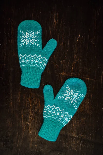 Pair Blue Knitted Mittens Dark Blue Green Brown Wooden Vintage — Stock Photo, Image