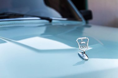 Gri bir Volga-21 'in kaputundaki geyik işareti, yakın plan.,