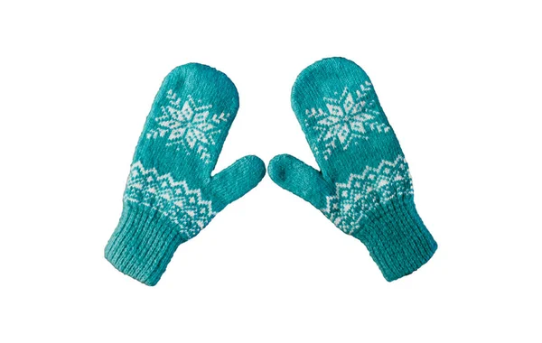 Paar Blaue Strickhandschuhe Mit Weihnachtlichem Muster Isoliert Auf Weißem Hintergrund — Stockfoto