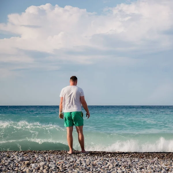 Attractive Young Adult Man Stands His Back Shore Mediterranean Sea — Stockfoto