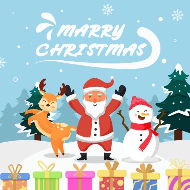 Mutlu noeller Noel baba illüstrasyon, ren geyiği ve kardan adam
