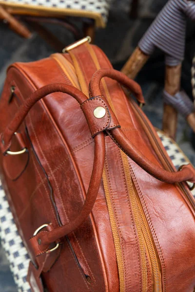 Close-up photo of brown leather bag corporate. — Stock Photo, Image
